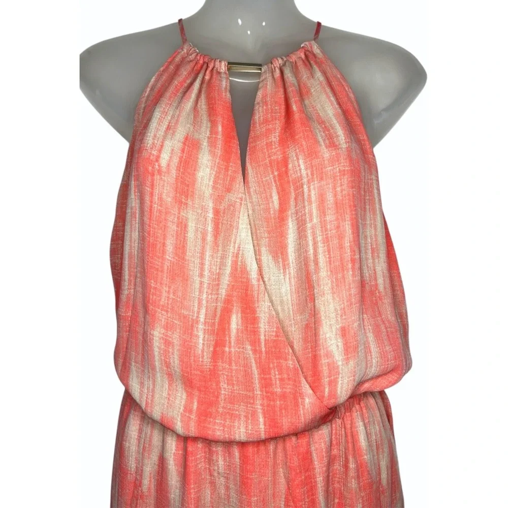 Michael Kors Halter Midi Dress 8 Coral Orange Beige Abstract Faux Wrap NWT